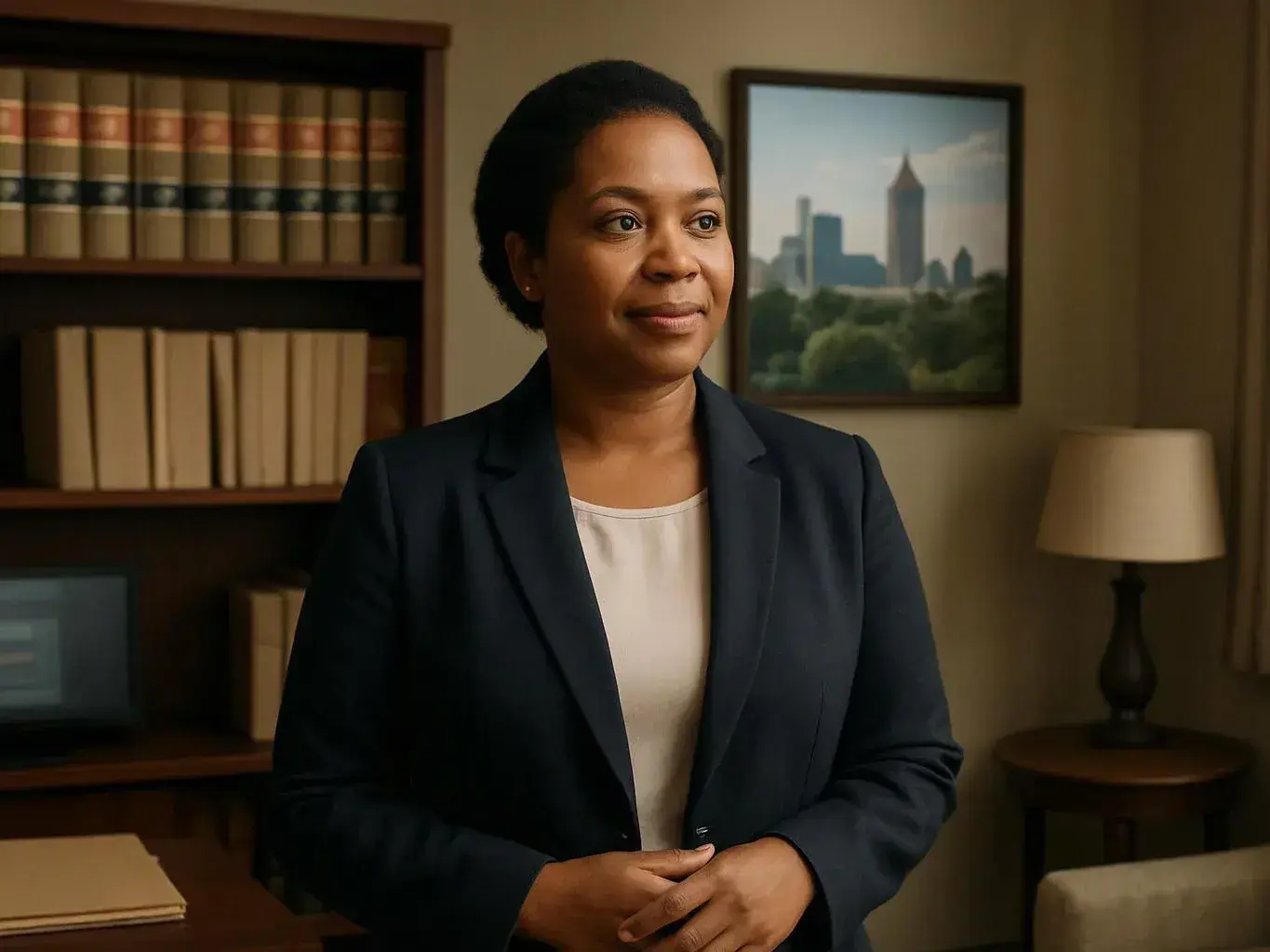 A woman in a dark blazer stands in an office with bookshelves, a framed city picture, and a lamp behind her