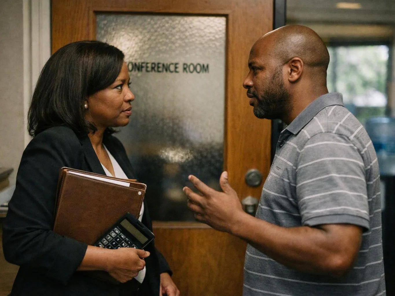 A woman holds a folder and calculator while talking with a man outside a conference room door