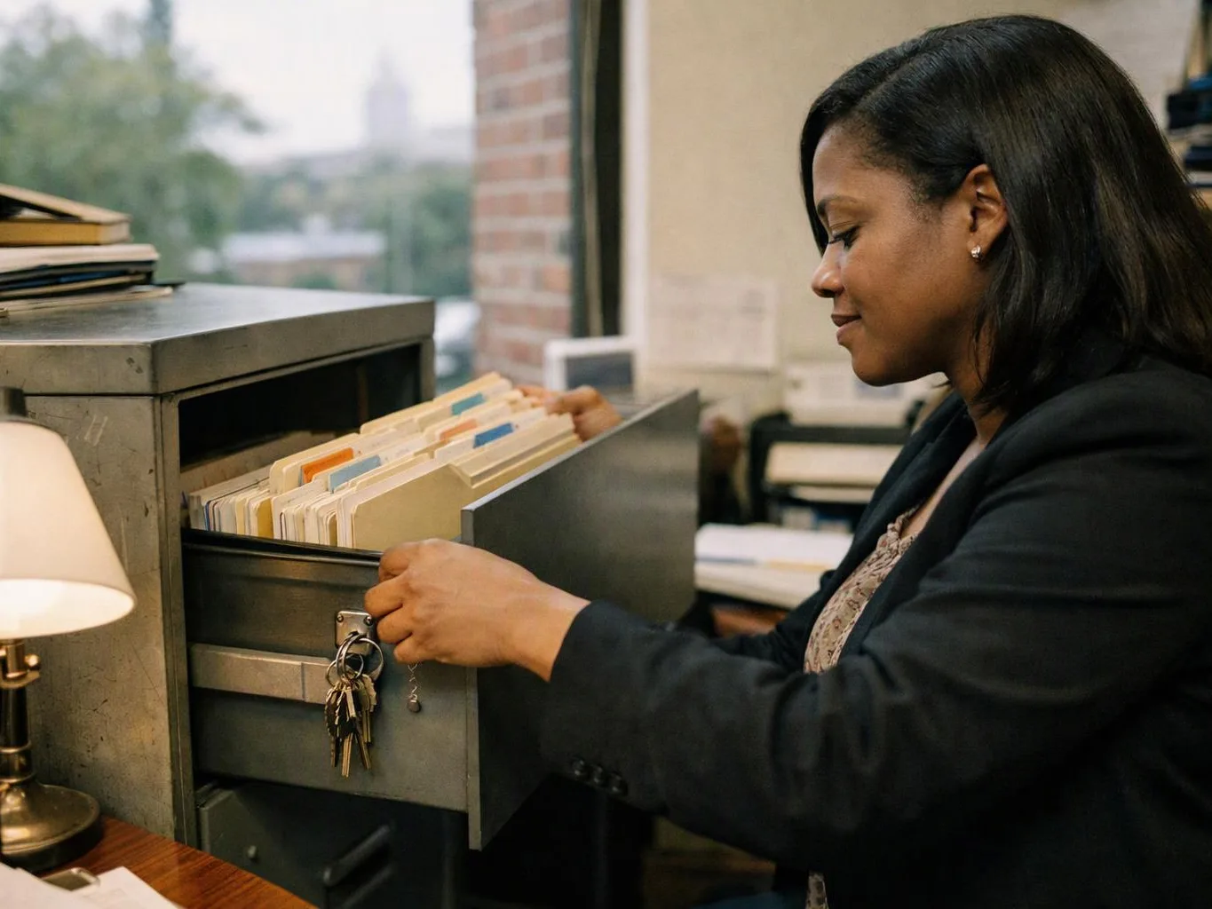 A woman opens a file drawer and sorts folders at a desk in an office