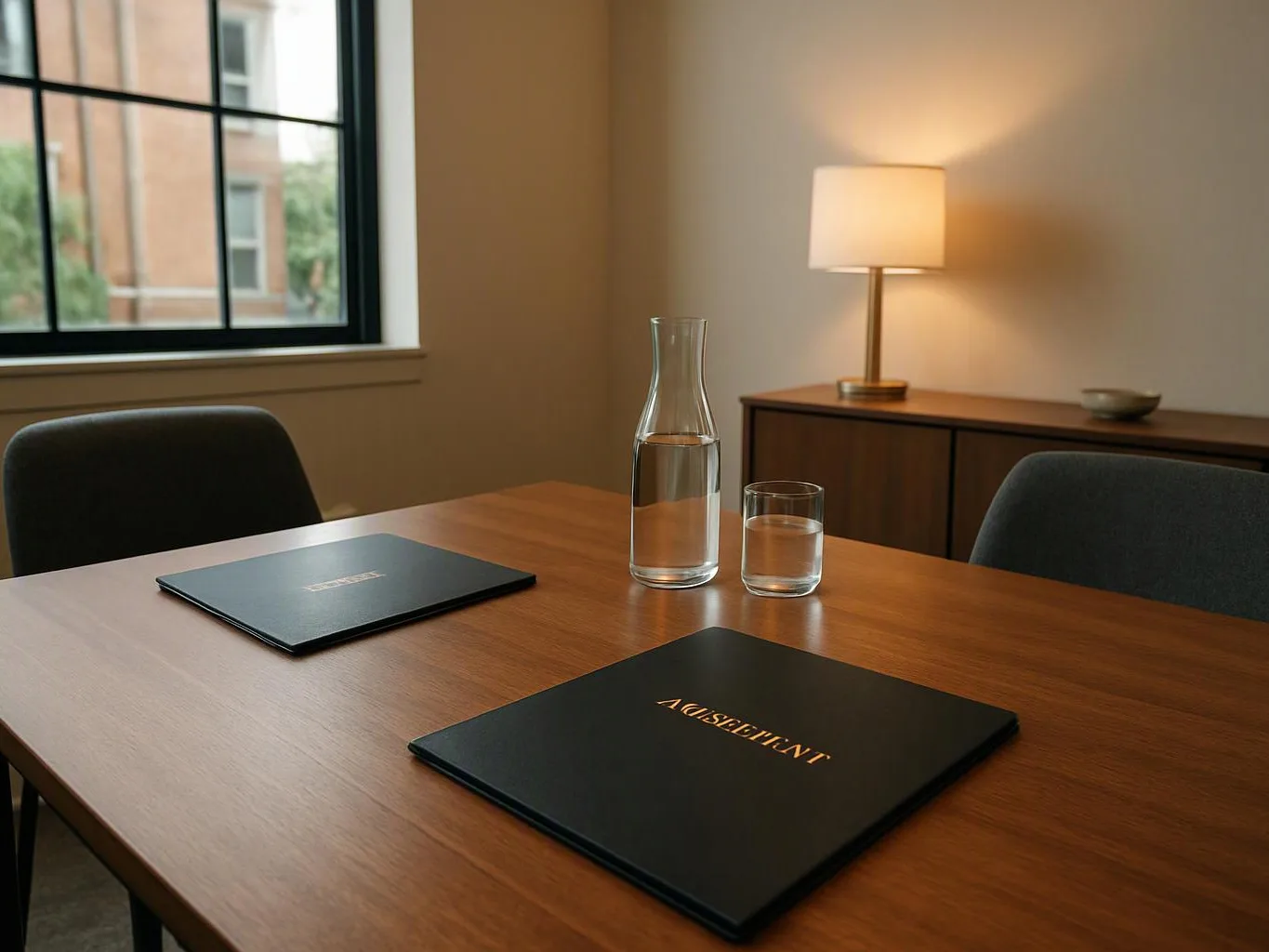 A wooden meeting table holds two black folders, a water carafe, and a glass in a quiet room with a lit lamp and window