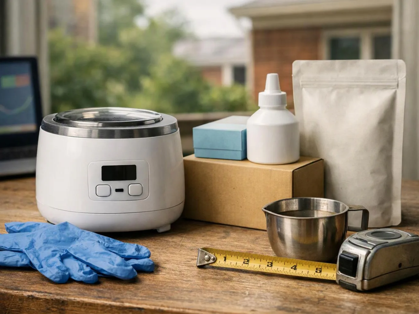 A workbench holds a small appliance, gloves, a measuring tape, a metal cup, boxes, and a white squeeze bottle