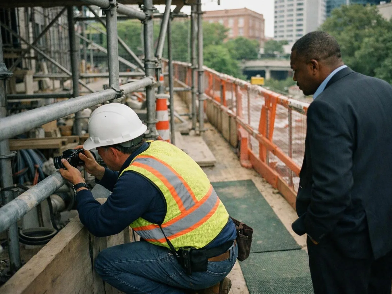 A worker in a hard hat photographs scaffolding while a man in a suit watches from a construction walkway