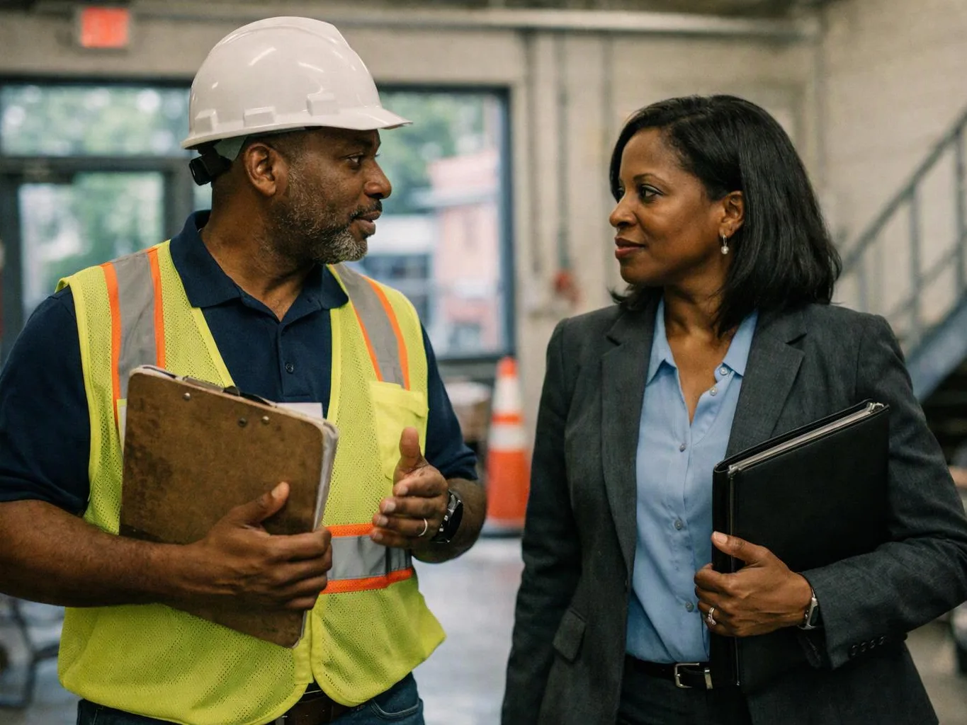 A worker in a hard hat talks with a woman in a blazer inside an industrial building