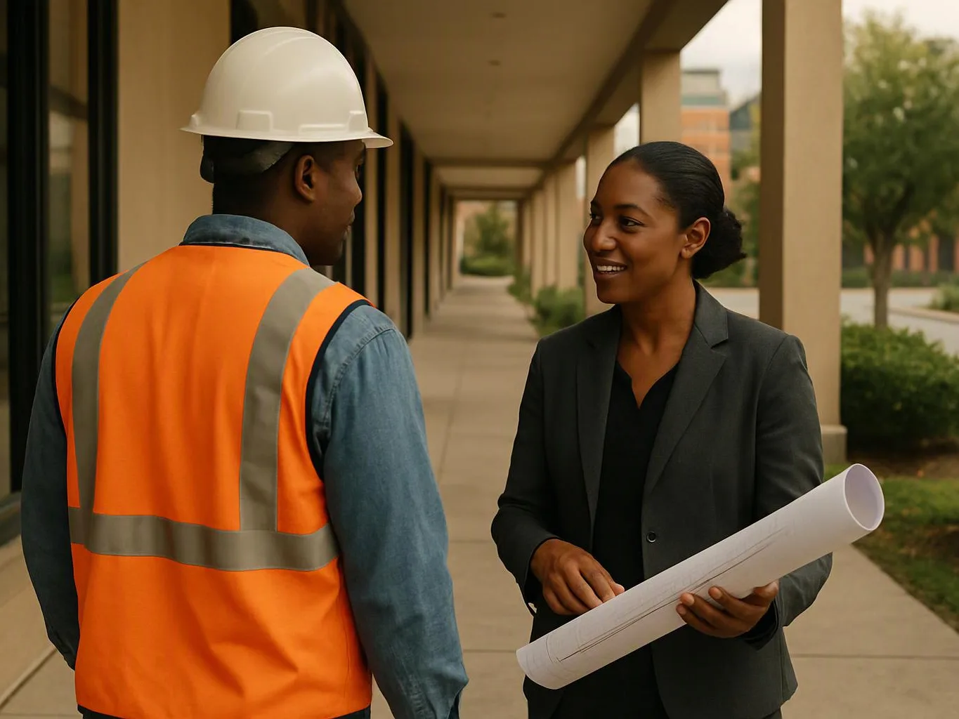 A worker in a hard hat talks with a woman holding rolled blueprints on a covered walkway