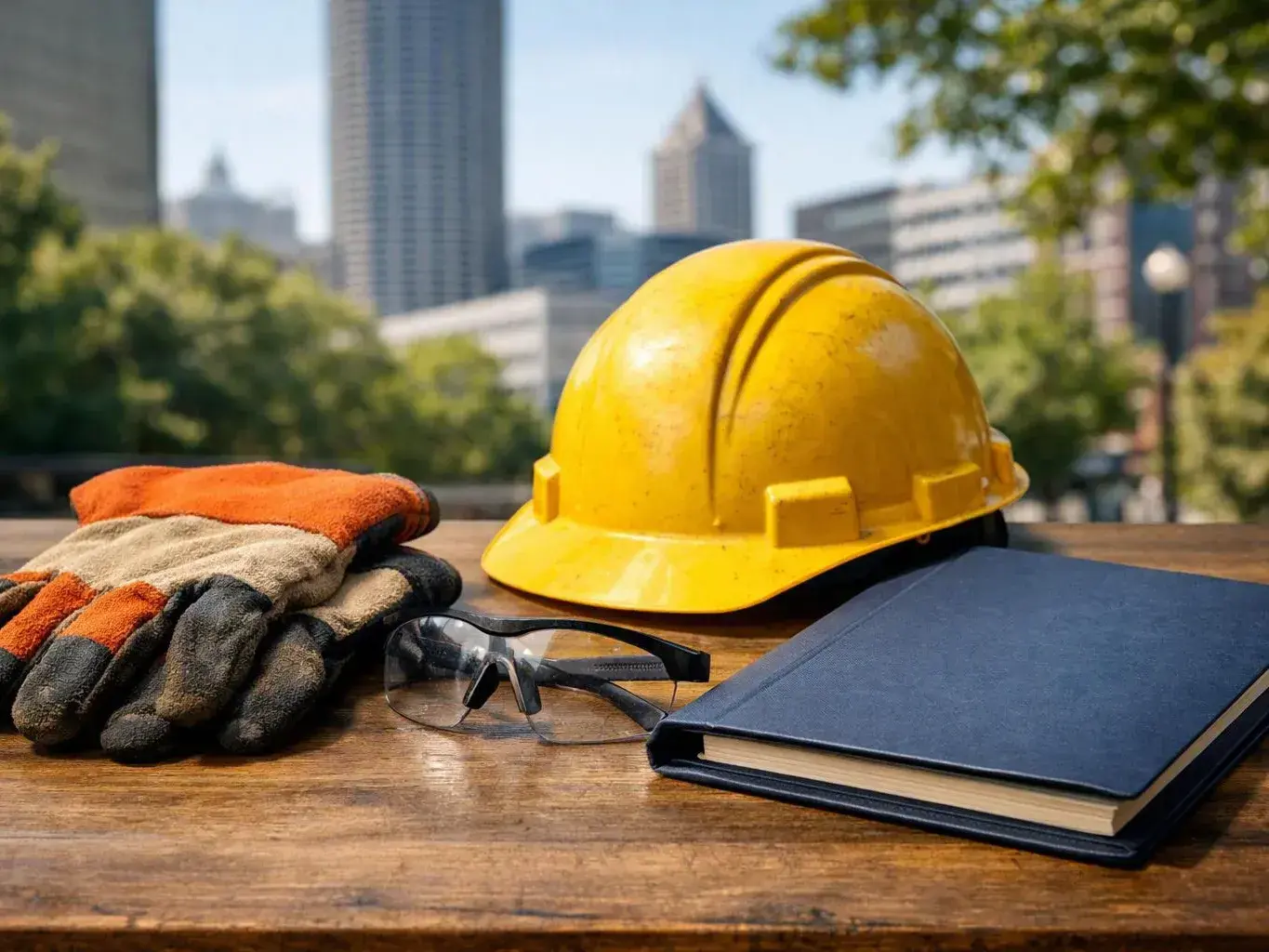 A yellow hard hat, gloves, safety glasses, and a blue notebook sit on a wooden table with a city skyline behind them