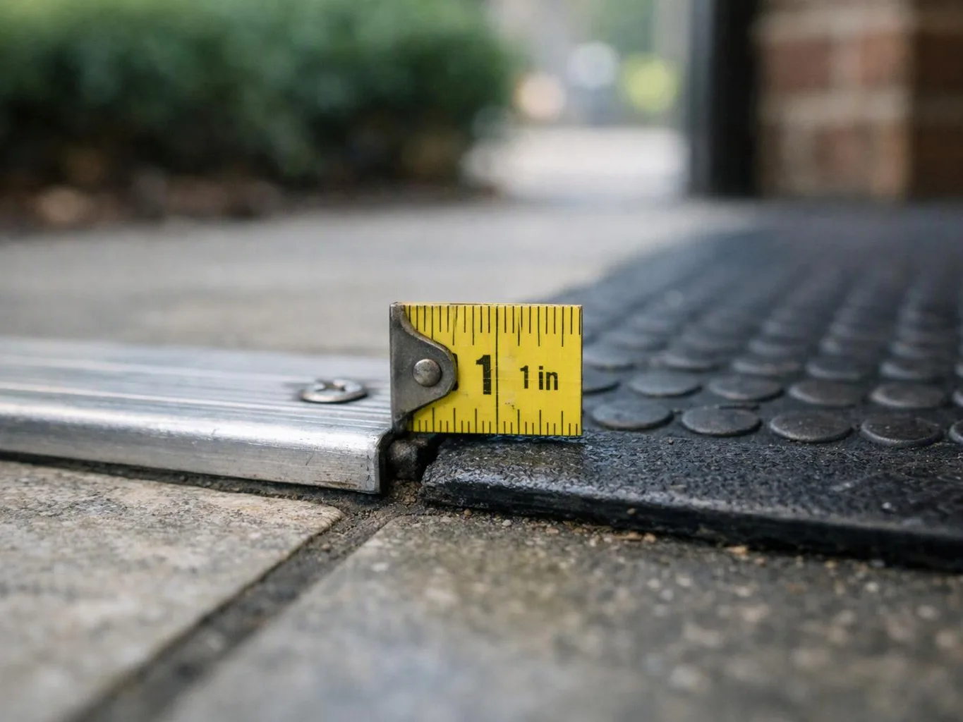 A yellow tape measure stands between a metal threshold and a rubber mat on a tiled walkway